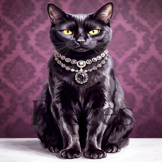 A black cat wearing an ornate jeweled collar decoupage paper, seated against a purple damask-patterned background.