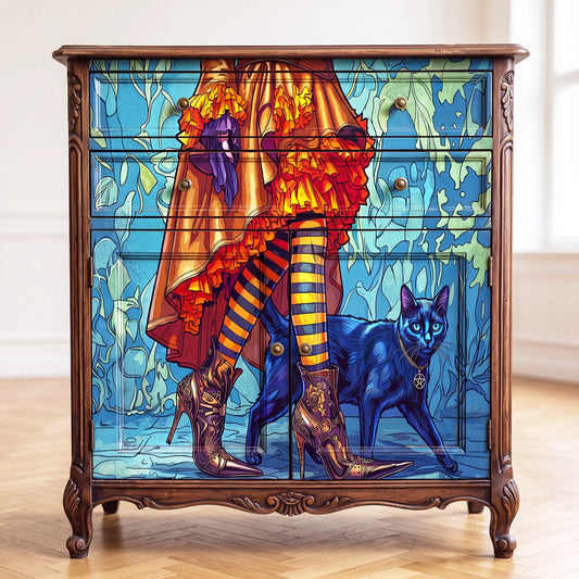 A vintage-style wooden chest of drawers with ornate carved legs and drawers, decoupaged with Large Decoupage Tissue Paper Witch Leg with Blue-Orange Striped Stockings | Fall Halloween Decor for Furniture Upcycling & Craft Projects