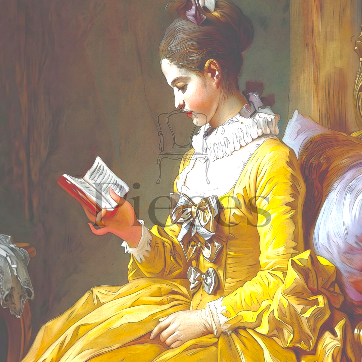 Decoupage Paper of Lady in Yellow Reading a Book: Vintage Art Reproduction for Furniture, DIY Decor & Mixed Media