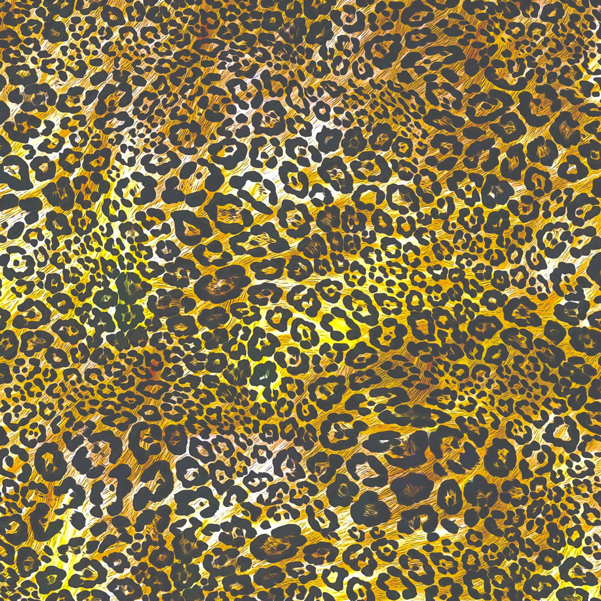 A close-up leopard print pattern with dense black and dark gray spots over a warm golden yellow and tan background.