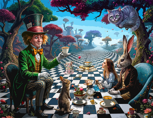 Decoupage paper with a  whimsical fantasy illustration of a tea-time scene with a man in a green suit and top hat serving tea, a woman seated across from him, a rabbit in a brown suit, a cat, and a chameleon among surreal trees and a black-and-white checkered floor.