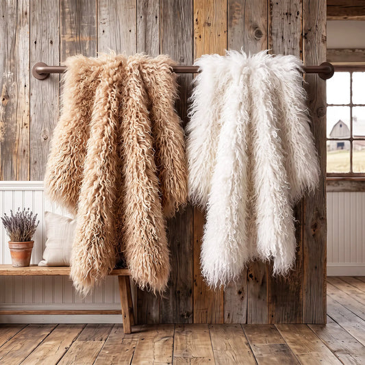 Two fluffy faux-shearling style throws hanging from a rustic metal rod against a wood plank wall, with one throw in warm beige and the other in off-white. A wooden bench with pillows and a small potted plant sits below.