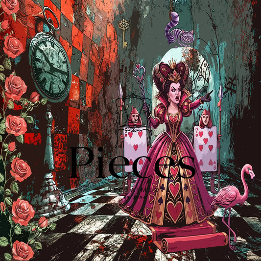 A surreal, stylized artwork depicting a Queen-like figure in a pink and gold gown standing on a chessboard, with roses, a pocket watch, playing cards, a flamingo, and the word 'Pieces' overlaid across the center.