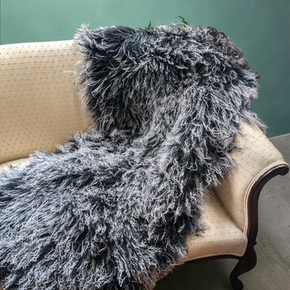 Mongolian Fur Throw, Genuine Sheepskin Seat Cover for Chairs and Upholstery Pieces Reclaimed