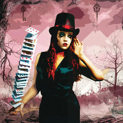 A stylized surreal portrait of a woman in a black hat and black dress, with a stack of playing cards fanned out on the left, set against a pink and purple landscape with barren trees and keys in the sky.
