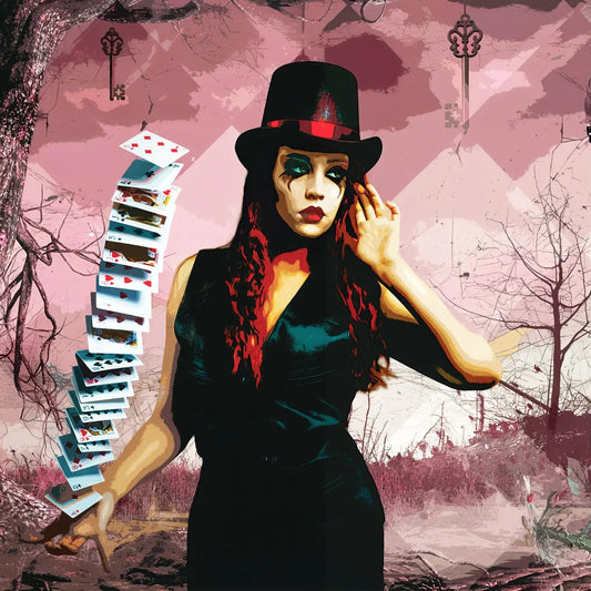 A stylized surreal portrait of a woman in a black hat and black dress, with a stack of playing cards fanned out on the left, set against a pink and purple landscape with barren trees and keys in the sky.