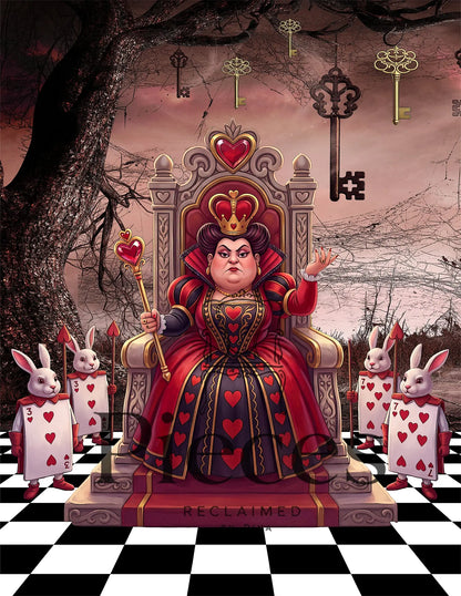 Decoupage paper with an illustration of the Queen of Hearts seated on a throne, holding a scepter, with white rabbits in red hearts outfits and oversized hanging keys against a dark tree and pink sky. The floor is a black-and-white checkered pattern, and the word 'RECLAIMED' appears at the base.