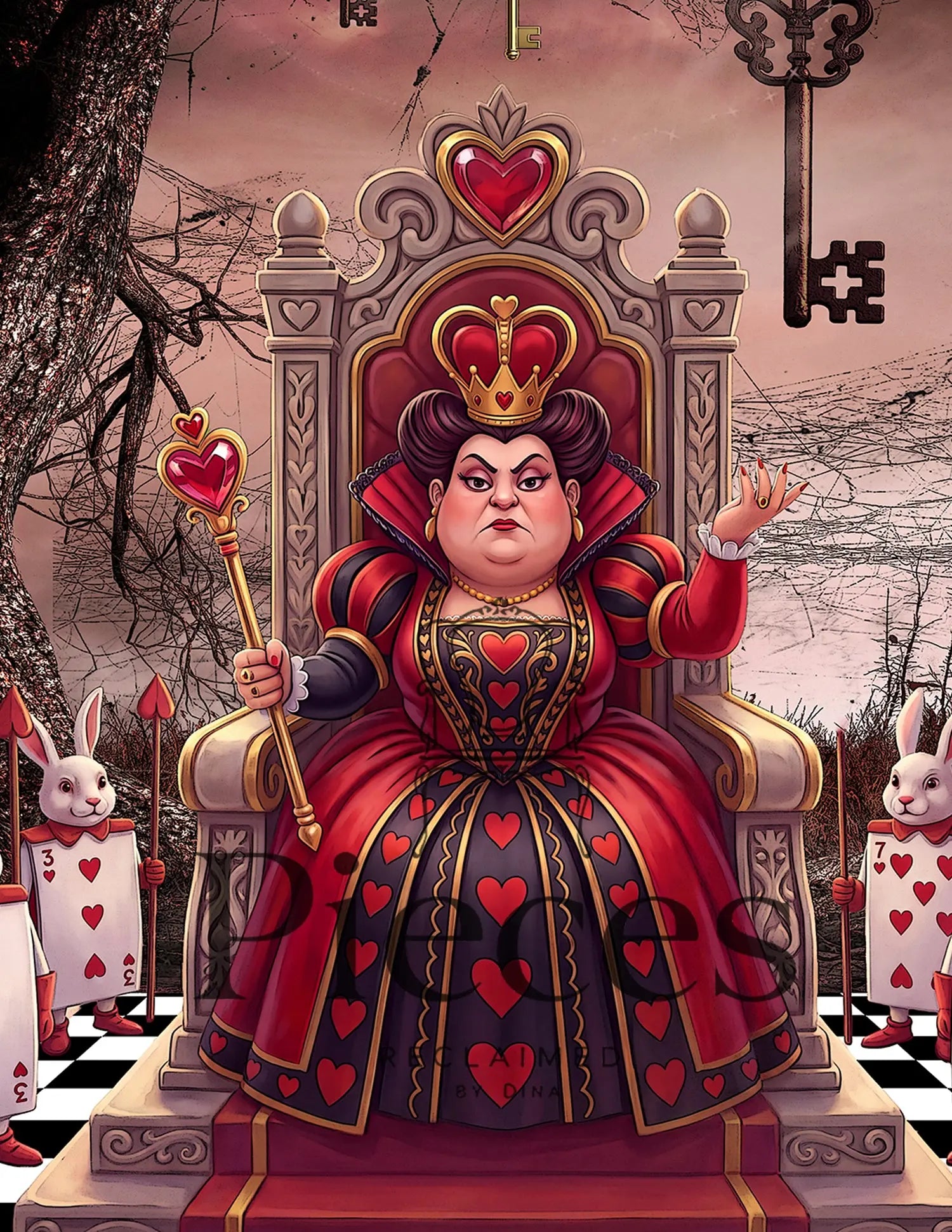 Rice paper with an illustration of the Queen of Hearts seated on a throne, wearing a red and black dress with heart motifs and a gold crown. She holds a scepter with a heart at the top.