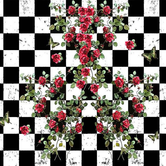 A square decoupage paper design featuring a black and white checkered background with a central cluster of red roses and green leaves arranged in a tree-like shape, with small butterflies on the sides.