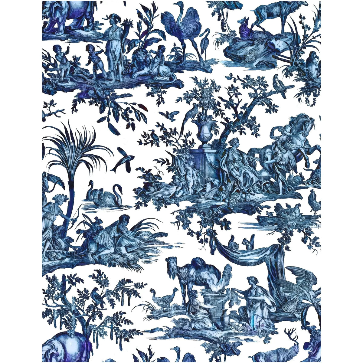 Blue and white toile pattern featuring classical figures, animals, trees, and mythological scenes in a repeating decorative print.