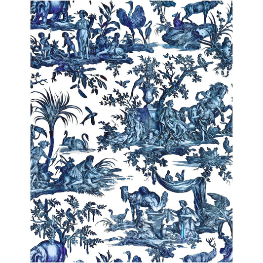 Blue and white toile pattern featuring classical figures, animals, trees, and mythological scenes in a repeating decorative print.