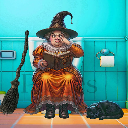 Decoupage paper featuring a  whimsical illustration of a witch in a rust-orange dress and pointed hat sitting on a white toilet in a turquoise bathroom, reading a book titled 'Amber's Mirror of Mystery'. A black cat sleeps peacefully on the orange tile floor beside a toilet paper holder, and a broomstick rests on the left.