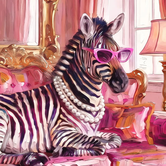 Decoupage print for funky zebra wearing glasses and sitting in pink style room