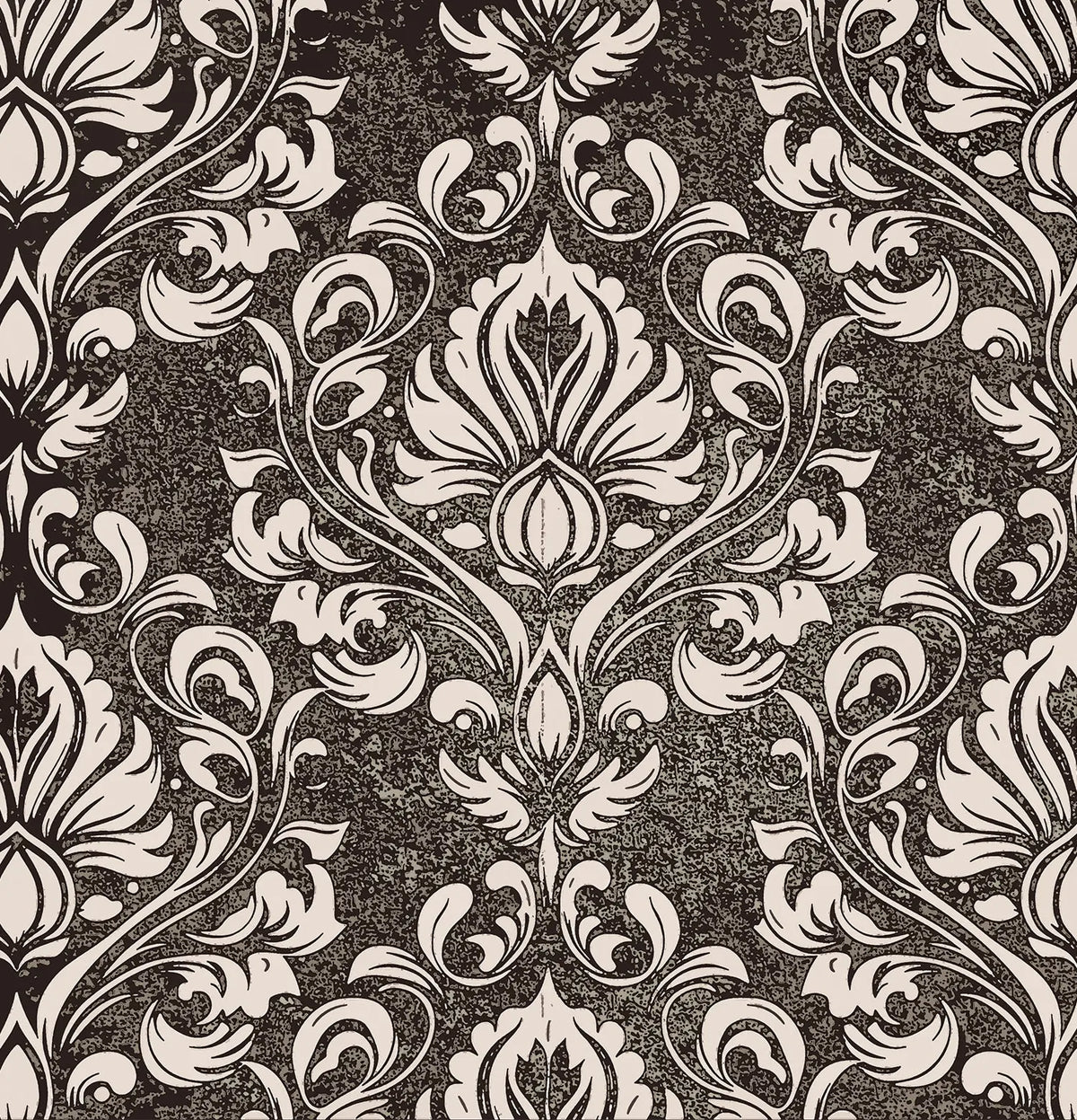 Damask pattern wallpaper in black and cream with a textured, vintage-style finish.