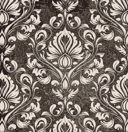 Damask pattern wallpaper in black and cream with a textured, vintage-style finish.