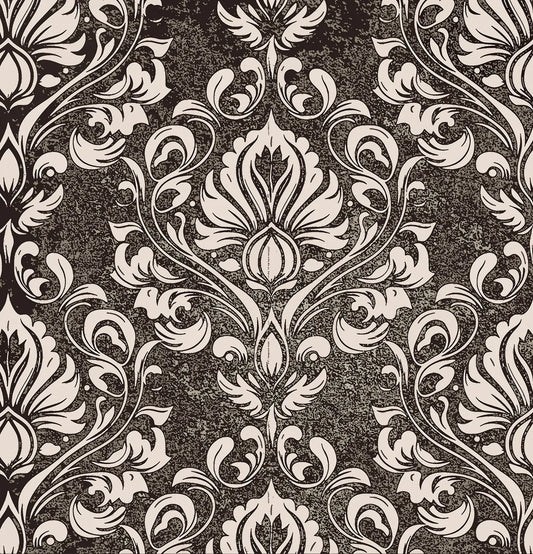 Damask pattern wallpaper in black and cream with a textured, vintage-style finish.