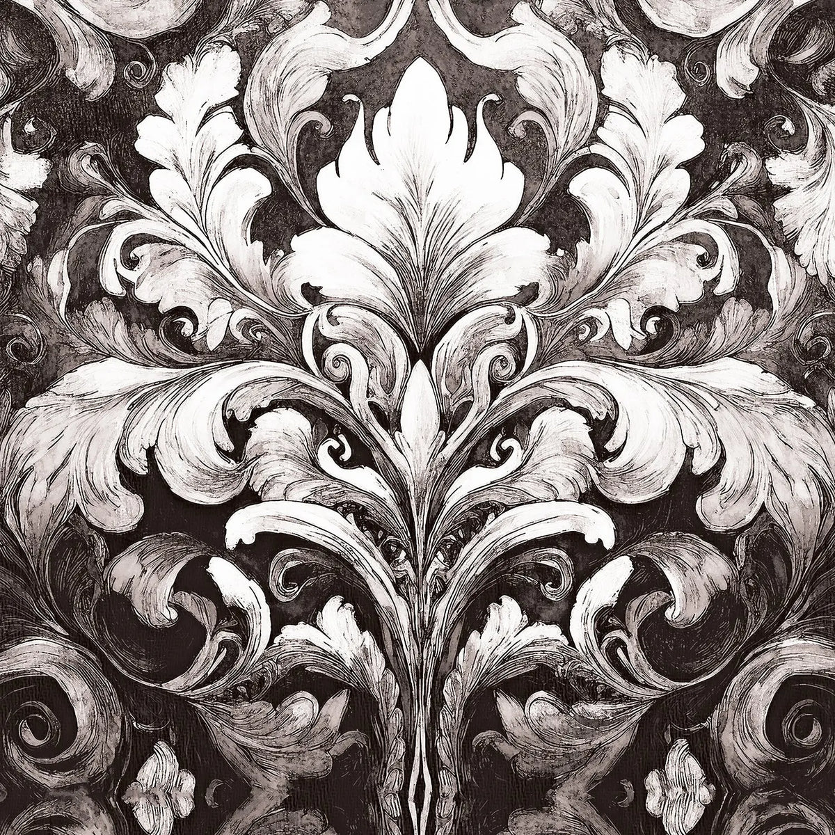 Black and white damask pattern with symmetrical baroque leaf and scroll motifs on a dark background.