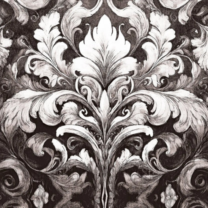 Black and white damask pattern with symmetrical baroque leaf and scroll motifs on a dark background.