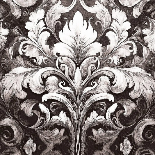 Black and white damask pattern with symmetrical baroque leaf and scroll motifs on a dark background.