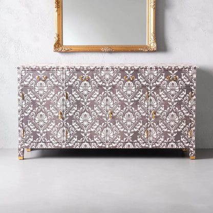 Decoupage side board with floral black and white damask decoupage paper 