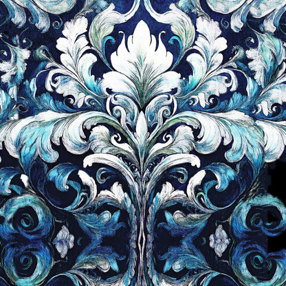 A close-up of a repeating ornate damask-style pattern in deep navy, bright blue, aqua, and white, with swirling leaf and scroll motifs filling the frame.