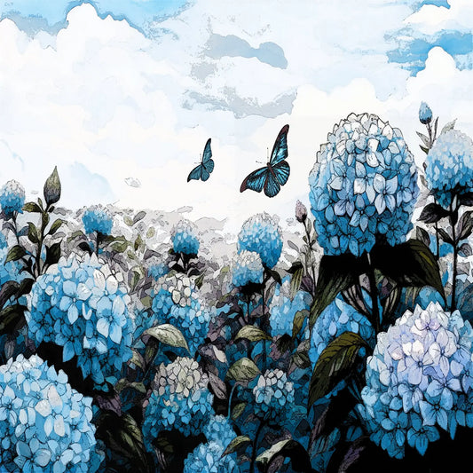 Watercolor-style artwork of a flower field with large blue hydrangea blooms, dark leaves, two blue butterflies, and a cloudy sky.