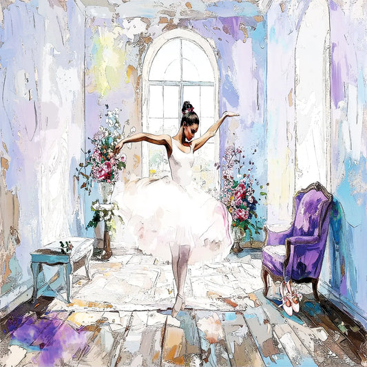 Impressionistic painting of a ballerina in a white tutu posing in a pastel room with a purple armchair, flowers, and a large arched window.