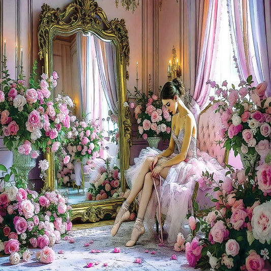A woman in a pale pink tutu dress sits on a pink upholstered chair in a luxurious room with a large ornate gold mirror, draped pink curtains, and abundant pink and white roses around her.