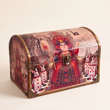 A decorative wooden chest decoupaged with a whimsical Alice in Wonderland design featuring the Queen of Hearts, playing cards, and white rabbits, finished with brass hardware.