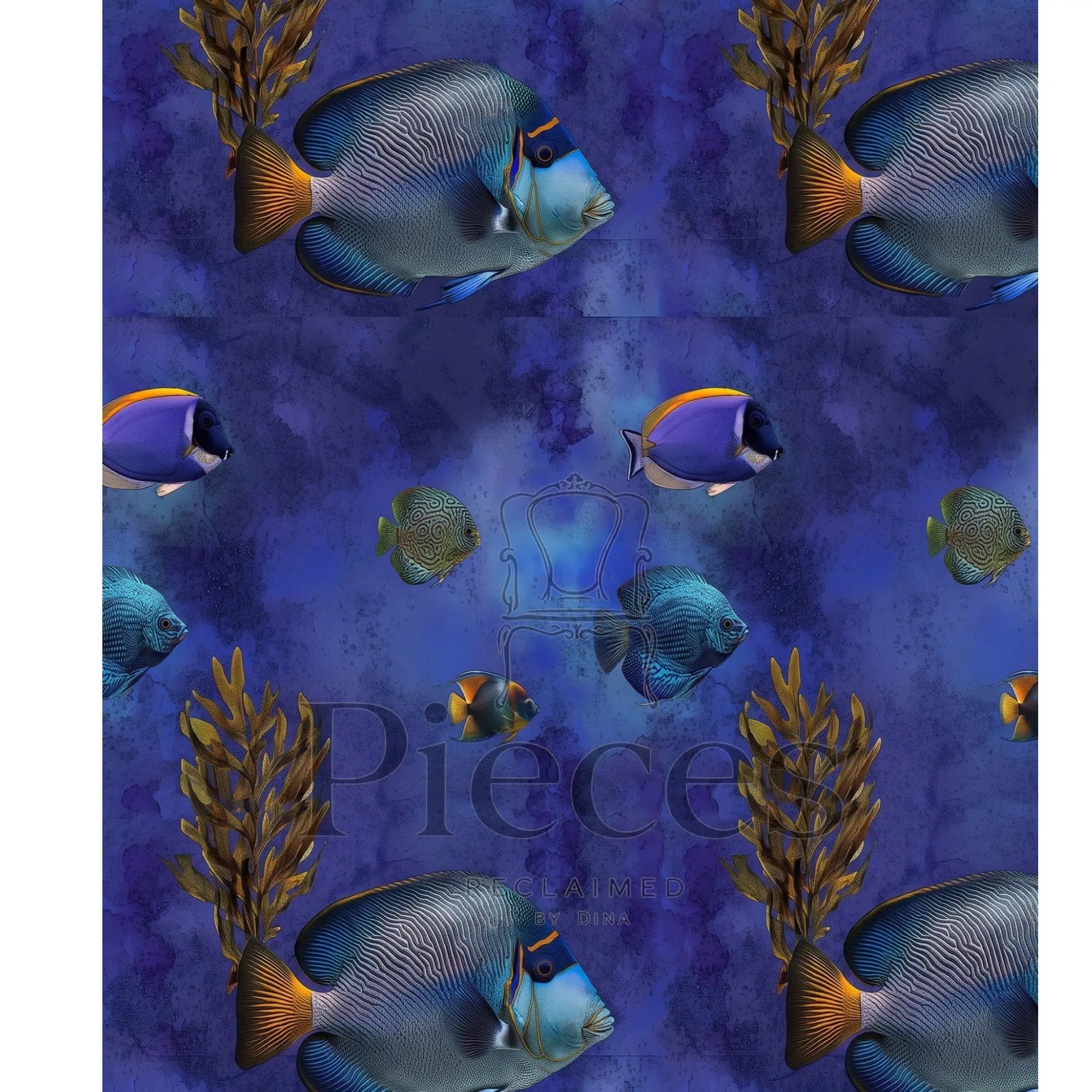 A repeating underwater pattern featuring blue and silver fish, purple anemones, and brown seaweed on a textured deep blue background, with a faint 'Pieces' watermark across the center.