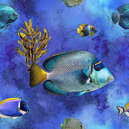 Vibrant underwater scene print featuring a large blue and yellow striped fish, smaller tropical fish, and golden seaweed against a textured blue water background.