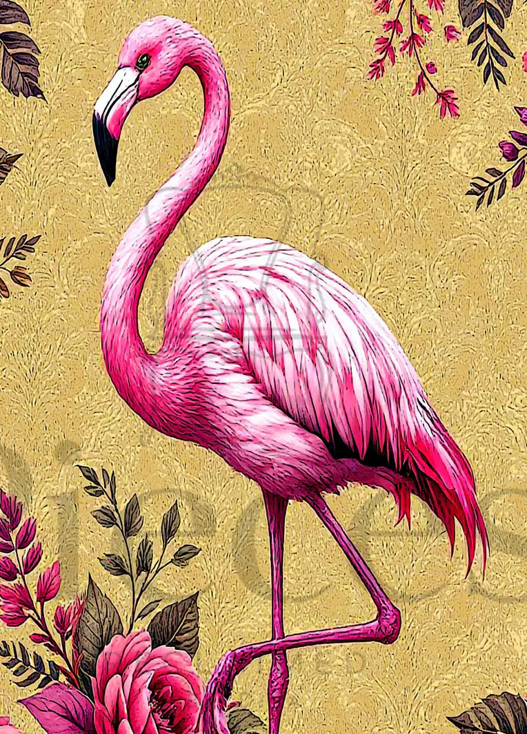 Decoupage paper with Baroque Ornate  design featuring a floral pattern and a  central pink flamingo standing on one leg, surrounded by large pink and magenta flowers with dark green leaves on a textured gold background.