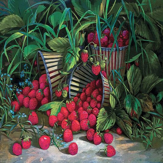 A colorful still life painting of ripe red strawberries spilling from wooden baskets among lush green leaves and vines.