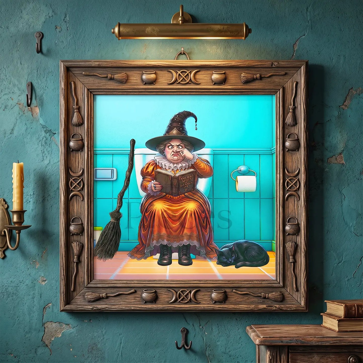 A framed decoupage  art print depicting a witch sitting on a toilet and reading a book, displayed on a textured teal wall with a brass light fixture and rustic decor. Perfect for funky bathroom Halloween decor 