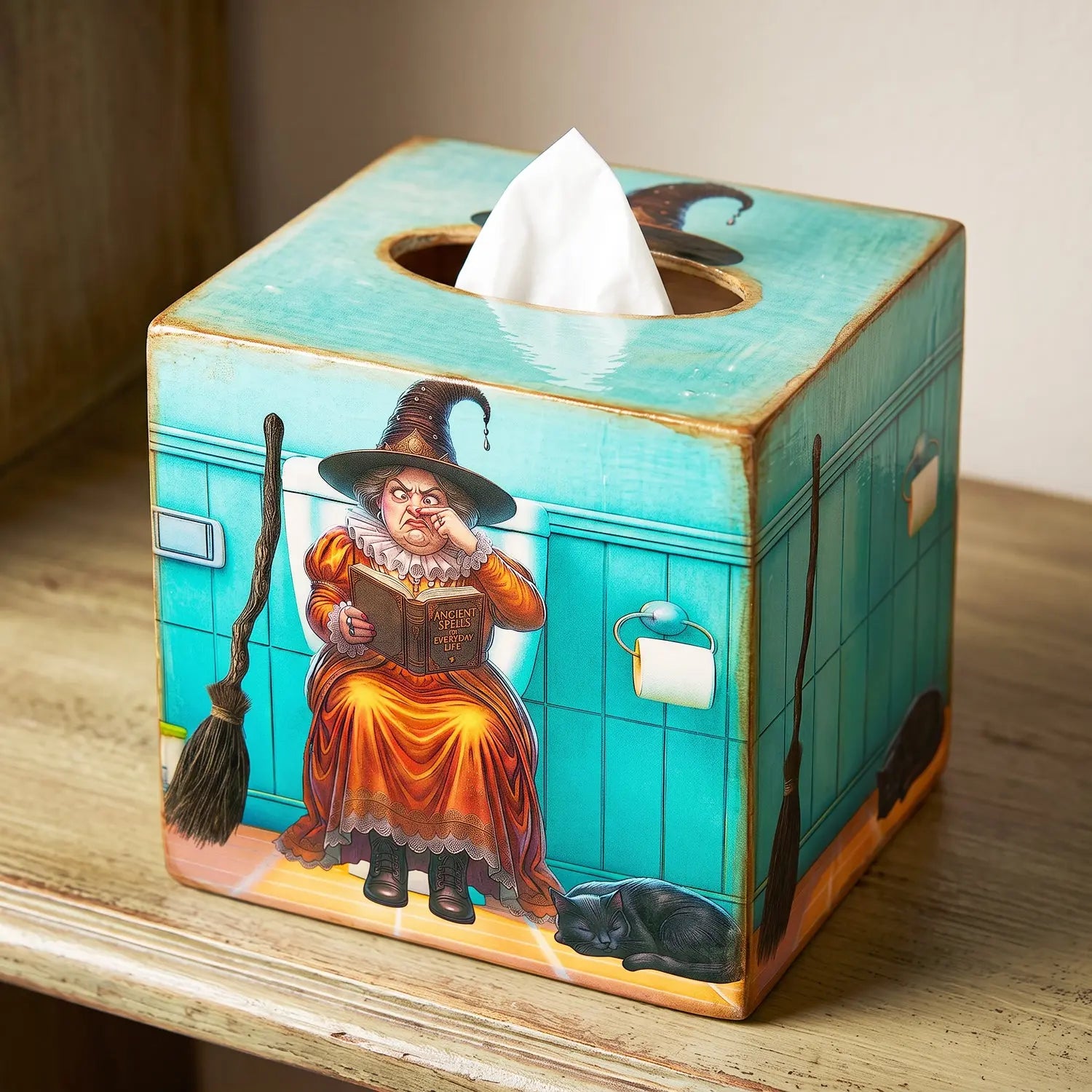 A square tissue box decoupaged with colorful witch illustration decoupage paper, shown sitting on a wooden surface. The box is turquoise and orange with a white tissue protruding from the top opening.