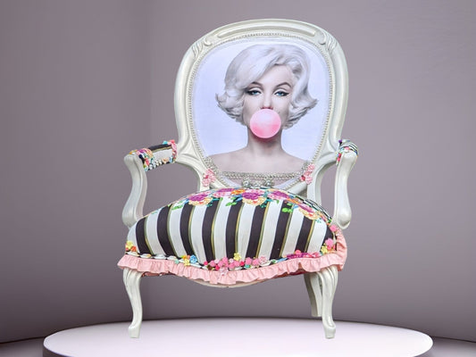 Bring Hollywood glam to your home decor with Marilyn Monroe's Chair. Vintage retro-style refinished French chair.  Floral, black and white stripes  fabric. The chair is decorated with 3d flowers and pearls- Pieces Reclaimed by Dina