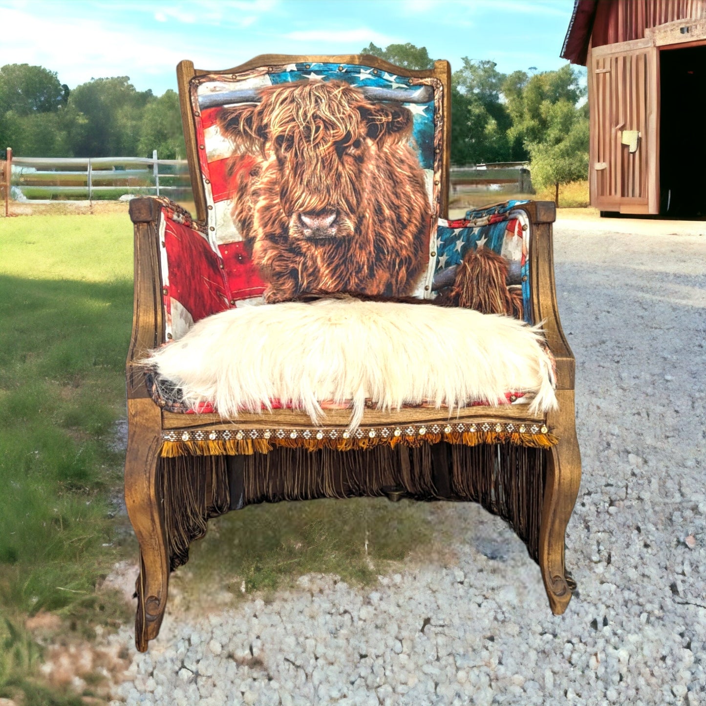 Elevate your farmhouse decor with this stunning Western Style Brown Leather Chair, a perfect blend of rustic charm and vintage appeal. Crafted from reclaimed wood and upcycled materials, this unique piece features a distressed brown leather frame that exudes cowboy cool. The upholstery is adorned with a striking Highland cow print, adding a touch of countryside authenticity, while the goat-skin hides drape gracefully over the seat, offering both comfort and texture.