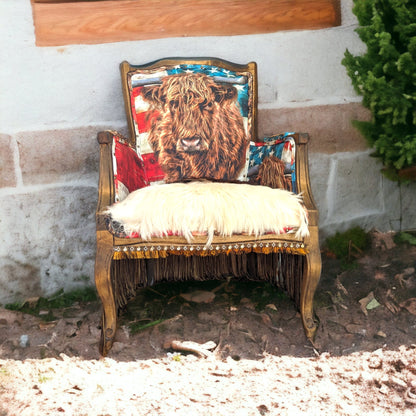 Elevate your farmhouse decor with this stunning Western Style Brown Leather Chair, a perfect blend of rustic charm and vintage appeal. Crafted from reclaimed wood and upcycled materials, this unique piece features a distressed brown leather frame that exudes cowboy cool. The upholstery is adorned with a striking Highland cow print, adding a touch of countryside authenticity, while the goat-skin hides drape gracefully over the seat, offering both comfort and texture.