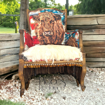 Elevate your farmhouse decor with this stunning Western Style Brown Leather Chair, a perfect blend of rustic charm and vintage appeal. Crafted from reclaimed wood and upcycled materials, this unique piece features a distressed brown leather frame that exudes cowboy cool. The upholstery is adorned with a striking Highland cow print, adding a touch of countryside authenticity, while the goat-skin hides drape gracefully over the seat, offering both comfort and texture.