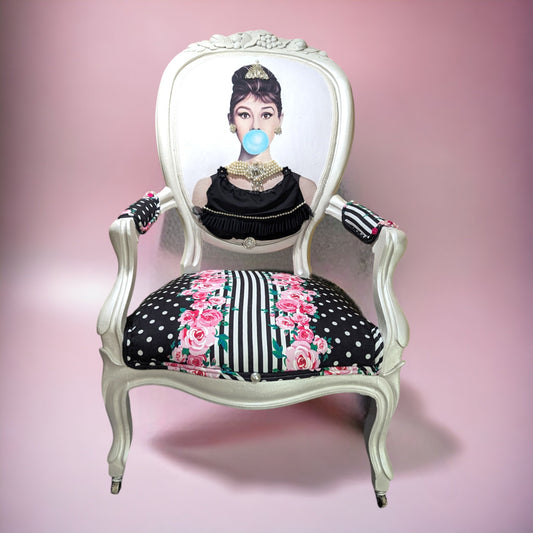 Bring Hollywood glam decor to your house with this unique handmade, vintage retro-style inspired by Audrey Hepburn's style chair.   The chair is decorated with Jewelry, 3d flowers, and pearl beads.