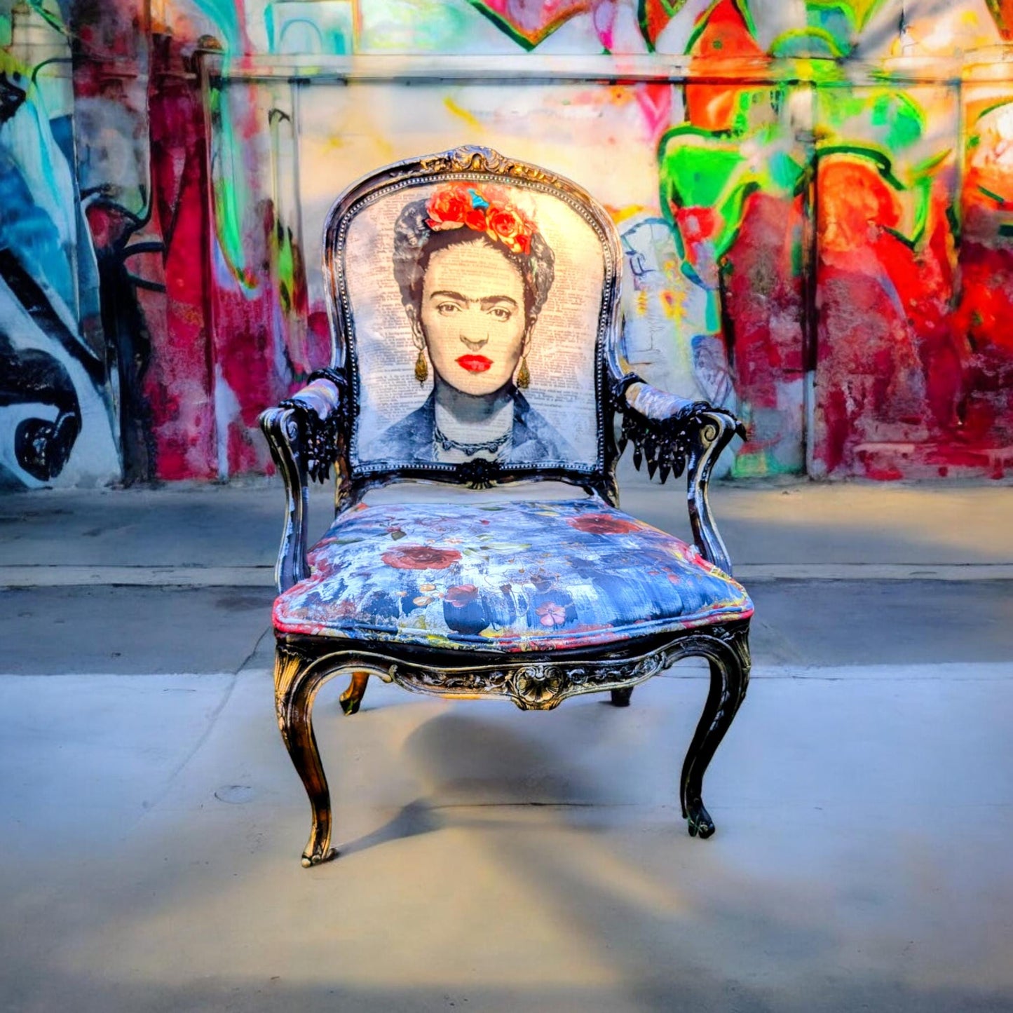 Bring style and character to your home decor with this one-of-a-kind Frida Kahlo vintage French upcycled chair. The chair frame is made of solid wood, painted black, and decorated with gold wax. Chair decsorated with extar large black tassels.