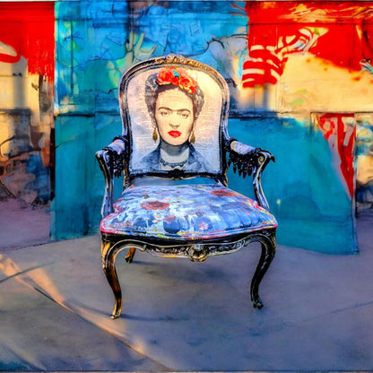 Bring style and character to your home decor with this one-of-a-kind Frida Kahlo vintage French upcycled chair. The chair frame is made of solid wood, painted black, and decorated with gold wax. Chair decsorated with extar large black tassels.