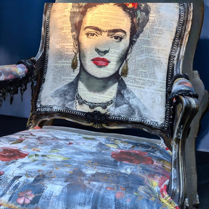 Bring style and character to your home decor with this one-of-a-kind Frida Kahlo vintage French upcycled chair. The chair frame is made of solid wood, painted black, and decorated with gold wax. Chair decsorated with extar large black tassels.