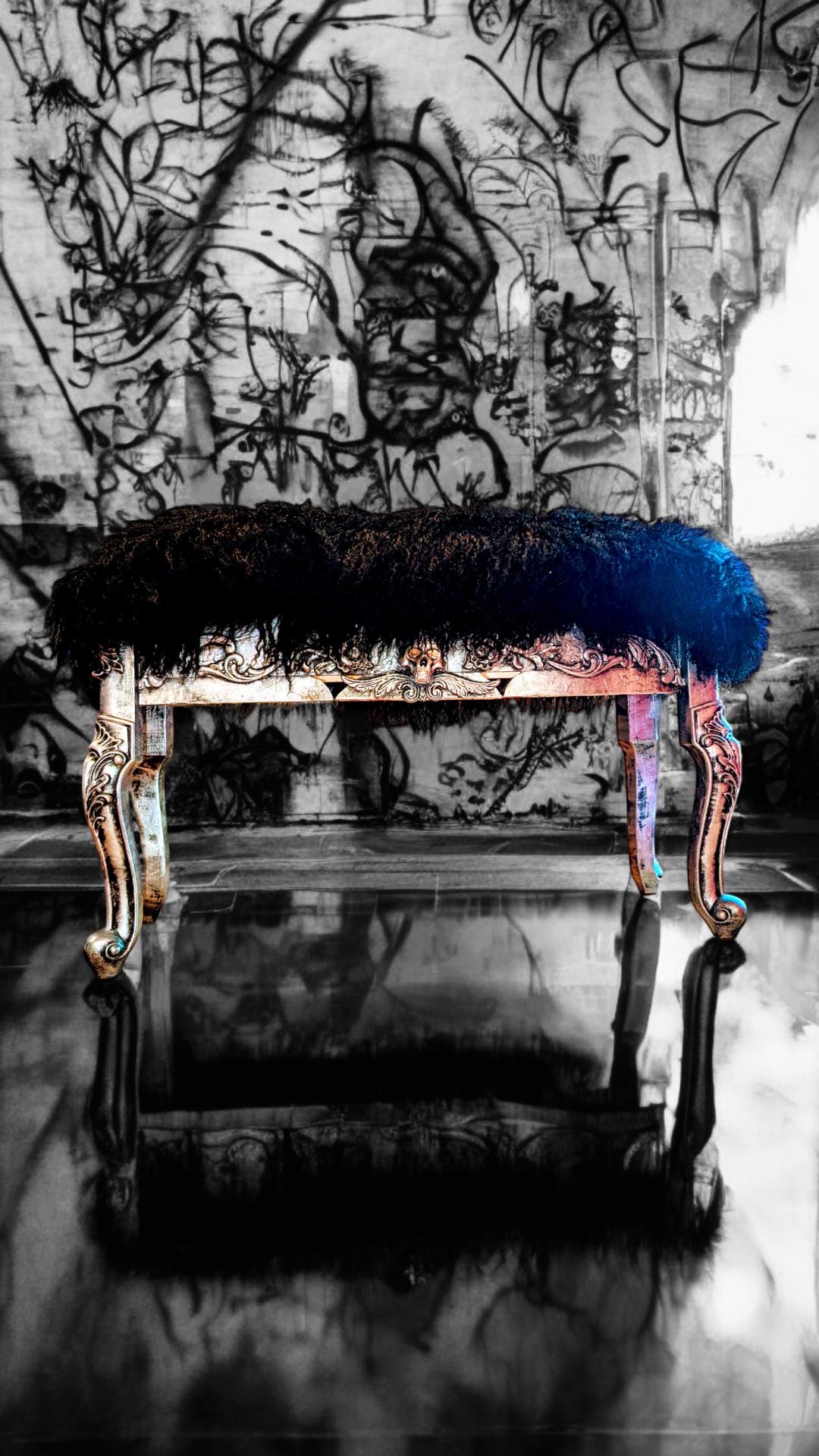 Window Bench Punk Home Decor Gothic Sofa  Settee | Handmade Vintage Dark Furniture for Living Room & Bedroom. Elevate your living space with this punk home decor gothic bench, a striking addition that blends dark vintage style with authentic handmade craftsmanship. Featuring deep black upholstery adorned with bold button tufting and sturdy, weathered wood legs, this gothic bench sofa settee stands out as both a functional seat and a statement piece.  Unique edgy design for stylish room