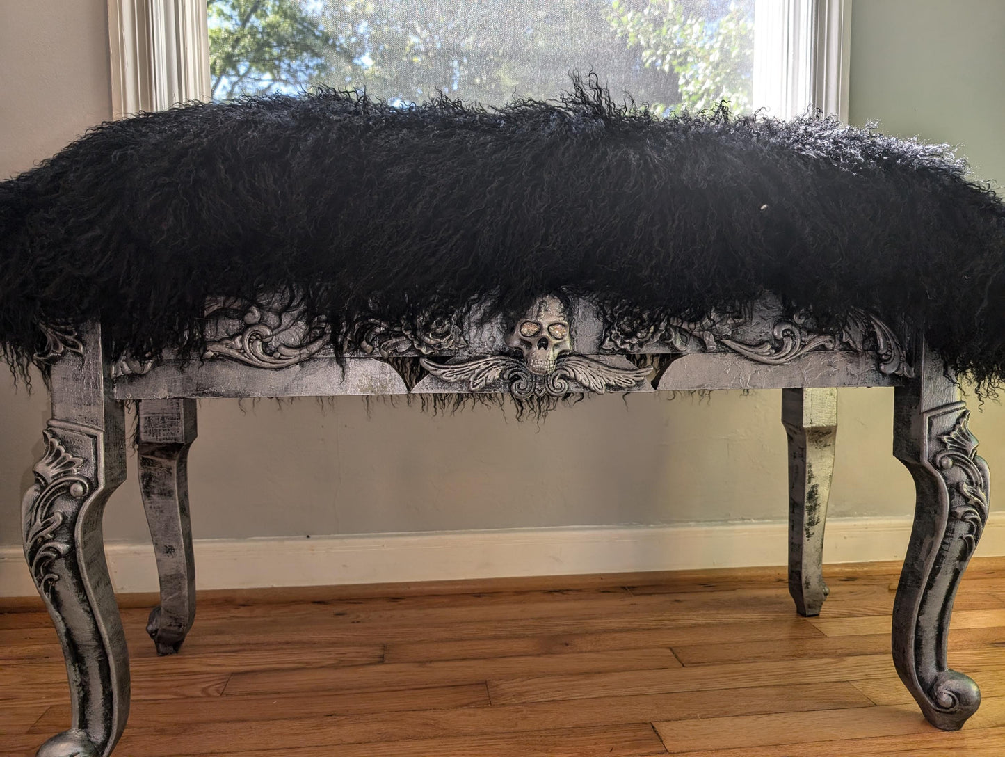 Window Bench Punk Home Decor Gothic Sofa  Settee | Handmade Vintage Dark Furniture for Living Room & Bedroom. Elevate your living space with this punk home decor gothic bench, a striking addition that blends dark vintage style with authentic handmade craftsmanship. Featuring deep black upholstery adorned with bold button tufting and sturdy, weathered wood legs, this gothic bench sofa settee stands out as both a functional seat and a statement piece.  Unique edgy design for stylish room
