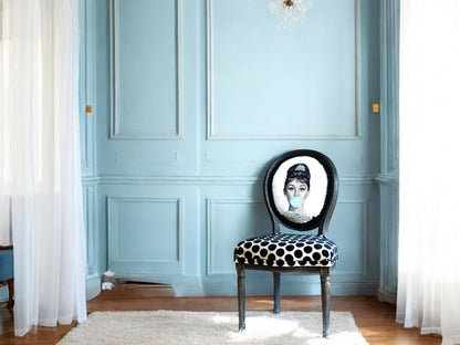 Audrey Hepburn Vanity Chai. Hand-Painted Hollywood Decor. Step into timeless elegance with the Audrey Hepburn Vanity Chair Retro Painted Furniture Pop Art Design Old Hollywood Decor Glamorous Makeup Seat. This uniquely crafted piece combines classic Hollywood charm with vibrant pop art flair, making it a standout addition to your vanity or dressing area. Designed for those who appreciate both style and comfort, this chair offers a nostalgic yet modern touch that elevates any space.