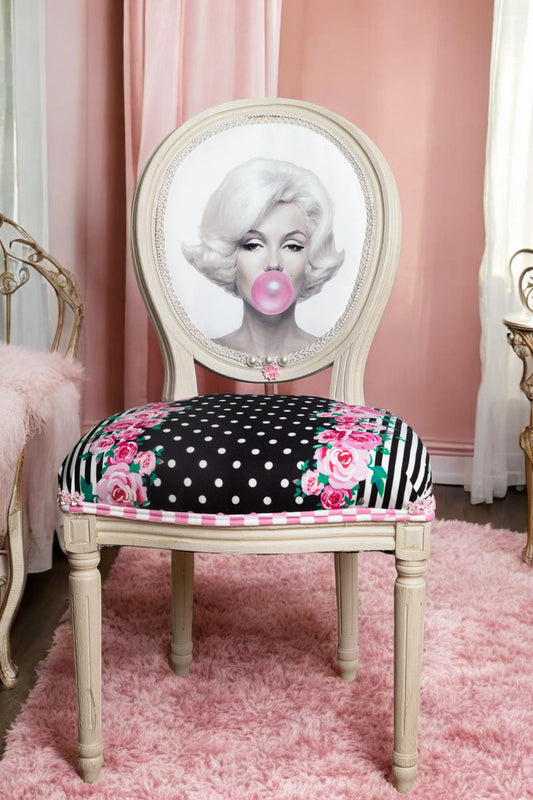 Whimsical dining chair. Unique handmade, vintage retro-style chair inspired by Marilyn Monroe. Funky pictured chair  handcrafted from solid wood and Marilyn Monroe's funky image. This colored chair brings boho chic decor style to your space
