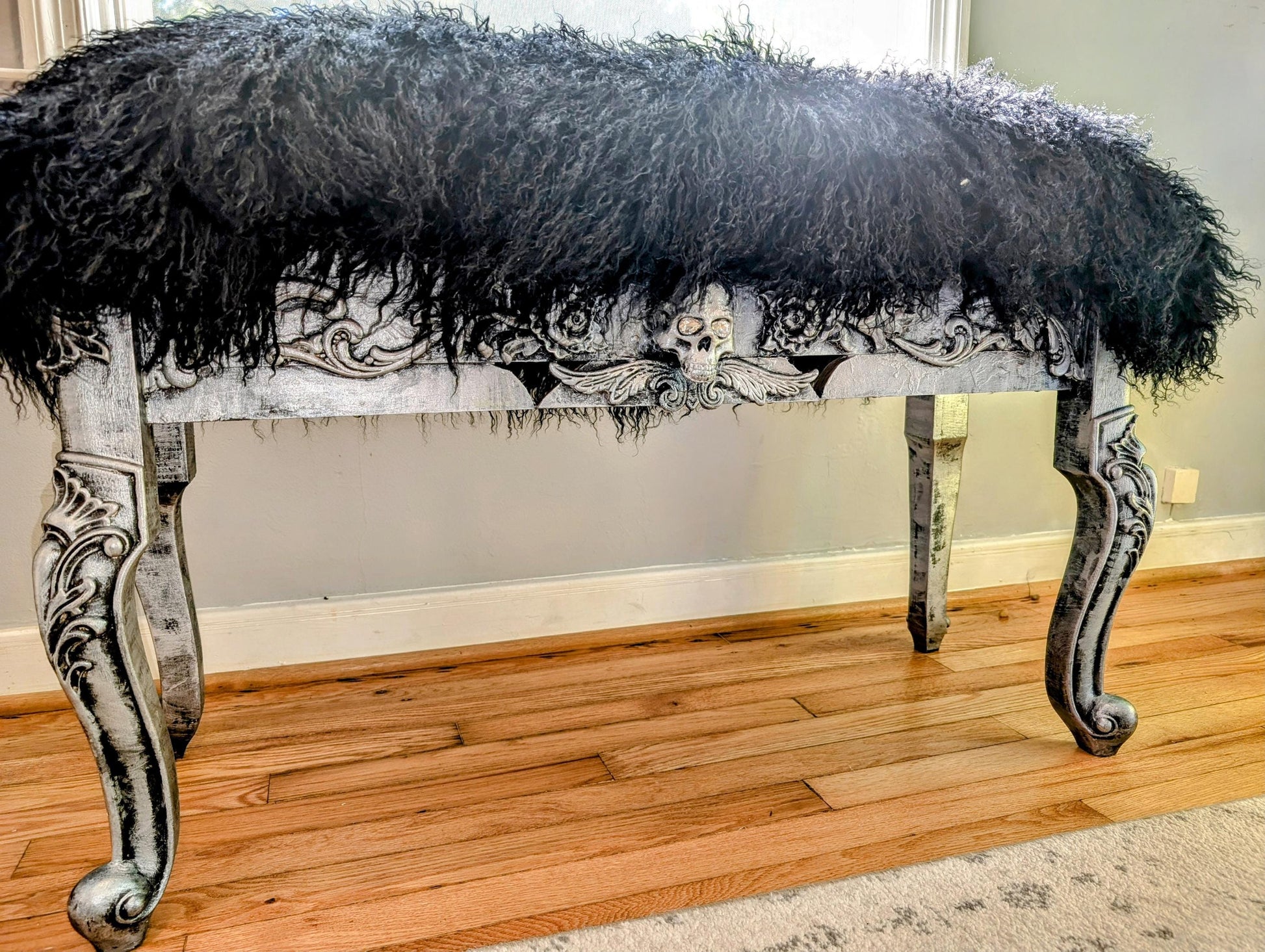 Window Bench Punk Home Decor Gothic Sofa  Settee | Handmade Vintage Dark Furniture for Living Room & Bedroom. Elevate your living space with this punk home decor gothic bench, a striking addition that blends dark vintage style with authentic handmade craftsmanship. Featuring deep black upholstery adorned with bold button tufting and sturdy, weathered wood legs, this gothic bench sofa settee stands out as both a functional seat and a statement piece.  Unique edgy design for stylish room