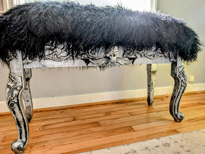 Window Bench Punk Home Decor Gothic Sofa  Settee | Handmade Vintage Dark Furniture for Living Room & Bedroom. Elevate your living space with this punk home decor gothic bench, a striking addition that blends dark vintage style with authentic handmade craftsmanship. Featuring deep black upholstery adorned with bold button tufting and sturdy, weathered wood legs, this gothic bench sofa settee stands out as both a functional seat and a statement piece.  Unique edgy design for stylish room