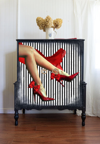 Decoupage Paper for Furniture. Decorative Paper. Tissue Paper.  Furniture DIY. Furniture Upcycling. 
 Decoupage paper for furniture.  Elevate your furniture and craft projects with our stunning decoupage paper. This eye-catching paper combines modern style with whimsical charm, showcasing a stylish silhouette of a woman's legs adorned in striking red high heels against a chic black and white striped background. Perfect for adding a touch of flair to any DIY project. Tissue Paper. Rice Paper